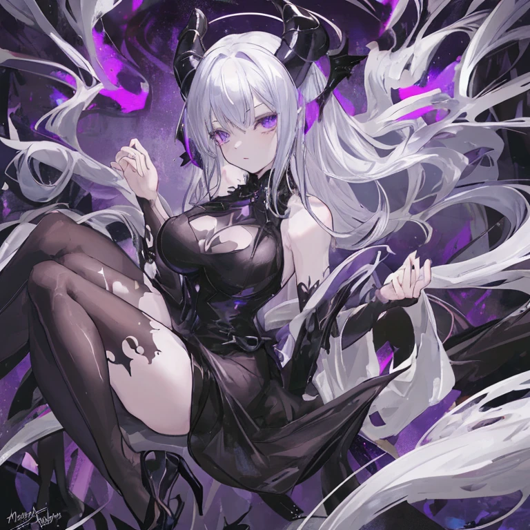 Masterpiece, very detailed, ultra detailed, one, (1 woman), she is in an ancient black futuristic military uniform, and in an full position, long hair, bright white hair, snow-white hair and haircut on the sides, white demonic horns, Sharp dragon ears, beautiful, charming, bright purple eyes, neon eyes, bright eyes, elegant, big breasts, serious face, cold face, charming, against the background of space planets and a black hole.