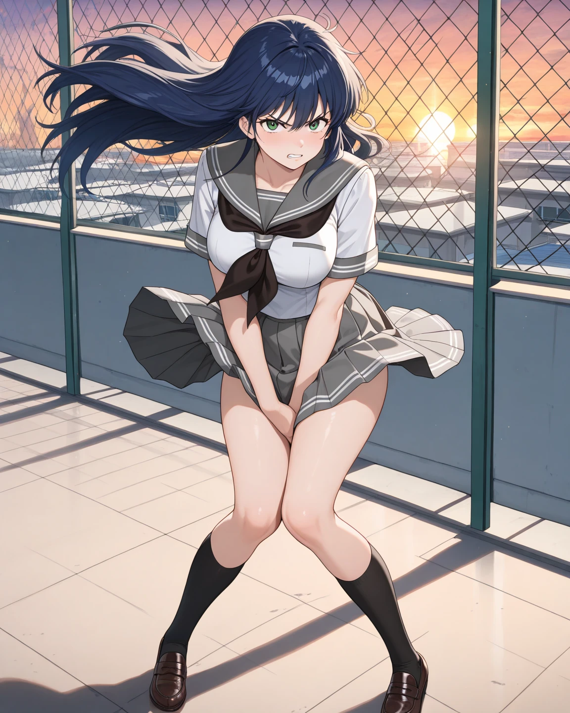 (masterpiece, highest quality, Very detailed, 16k high definition anime, Anatomically perfect body),(hayami), 1girl,One girl、Perfect Face、Cute face、Beautiful Face、smile、Beautifully detailed eyes、A little droopy、blue eyes、(Blue Hair、Long Hair、Waved)、(Medium Breast:1.5)、(sailor suit top、Short length), (Red Skirt), Smooth body lines、Wide hips:1.0、Big Ass:1.0、Beautiful long legs、(running、With big strides)、I'm wearing white panties、View your viewers、(Cherry blossom park background、Cherry tree、SakuraFubuki )、Above-the-knee photos、
