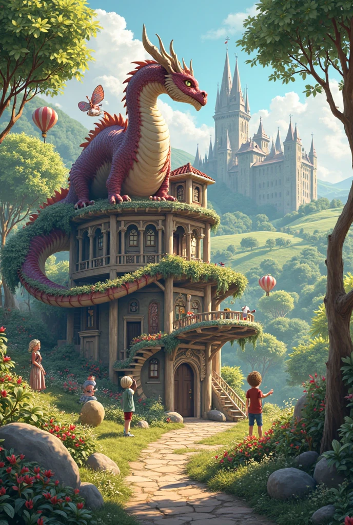 historical brazilian house, dragons flying at the night sky and alice of wonderlan playing ( draw it in grafitti)