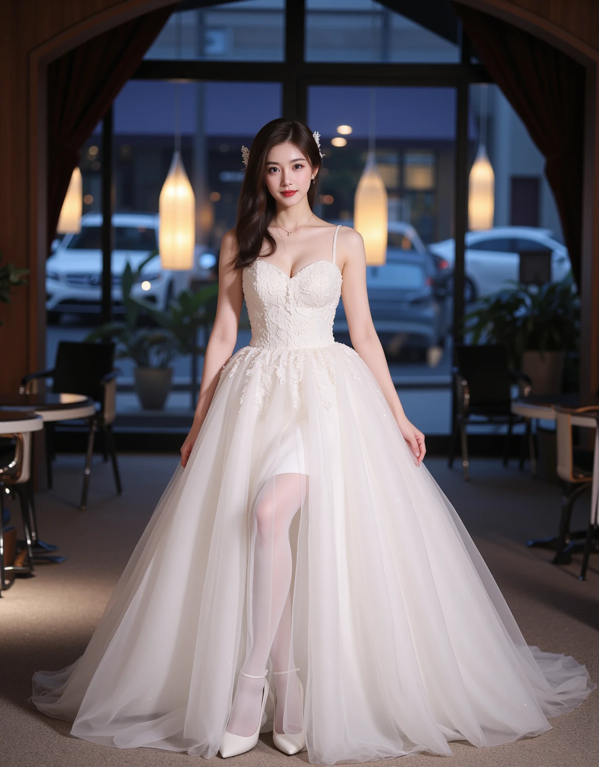 girl with, wearing wedding dress, white wedding dress, Full body drawing, slim, Long legs