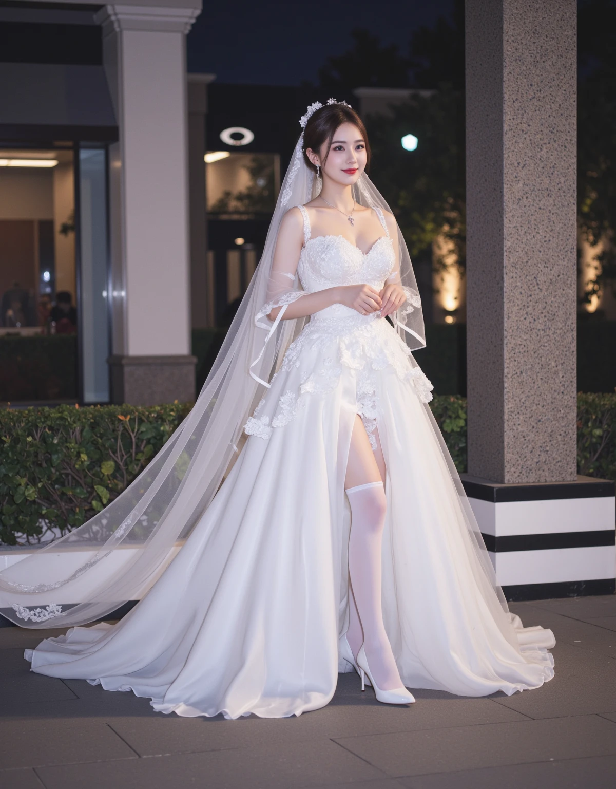 Beautiful 20 year old  woman。She is wearing a wedding dress. She is smiling on illuminated by the evening church lights . romantic sunset. her dark brown hair. High resolution、masterpiece、highest quality、頭w:1.0、((Hasselblad Photos))、fine skin、(movie lighting)、clavicle . full body picture.