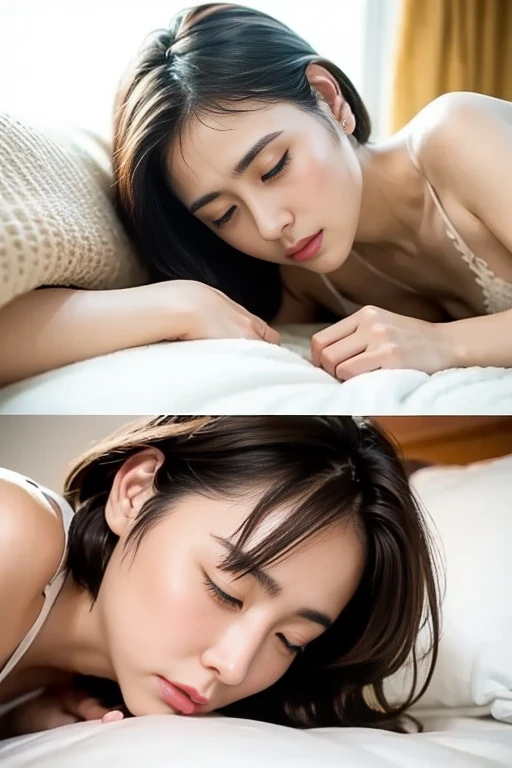 (High resolution:1.3), (16k, Photorealistic, Raw photo, Best image quality: 1.4), Japanese, (One Girl), (Black-haired、short hair:1.3), Beautiful Hairstyles, (Realistic Skin), Beautiful skins, attractive, 超A high resolution, Surreal, High detail, Golden Ratio, Highly detailed cute girl,(20-year-old), Lying in bed, (Close your eyes tight:1.5), (Open your mouth 1.5)