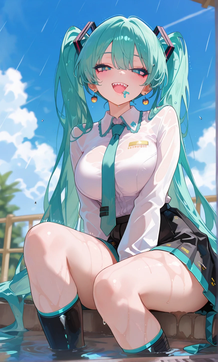 Sailor suit pleated skirt、I can see the nipples,My clothes are transparent、Young Hatsune Miku、(huge breasts:1.8),young girl,、's 、squat with legs apart、lace fancy panties、lace underwear,Please open the white love juice on your thighs.、Drip a large amount of love juice、blush、embarrassed look、colorful costumes、large amount of liquid leaky panties get wet、Panties are transparent
