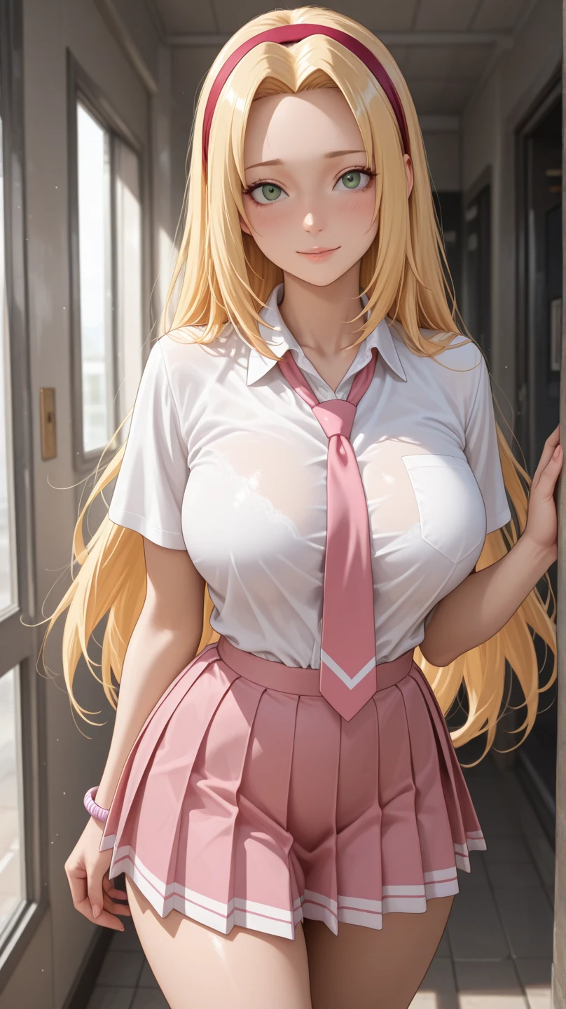 (Highest quality:1.2, Anime works, Very detailed, High detail, digital coloring, High Contrast, masterpiece:1.2, Highest quality, Best aesthetics), (((Kitagawa Marine, 1 Girl))), Blonde, Straight Long Hair, Pink gradient hair, Red eyes, Earrings, White shirt, Black Choker, Blue tie, Check skirt, Grin, smile, Are standing, Cowboy Shot, Outdoor,Huge breasts、See-through 、Thin fabric shirt、Pink underwear