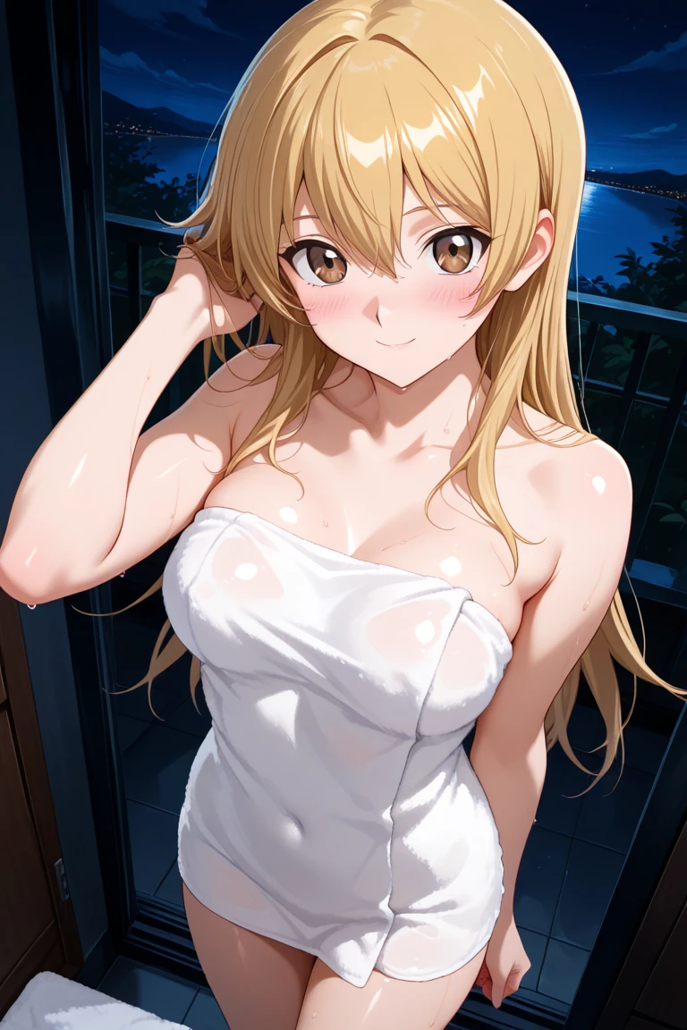Upper body photo of beautiful blonde girl in swimsuit