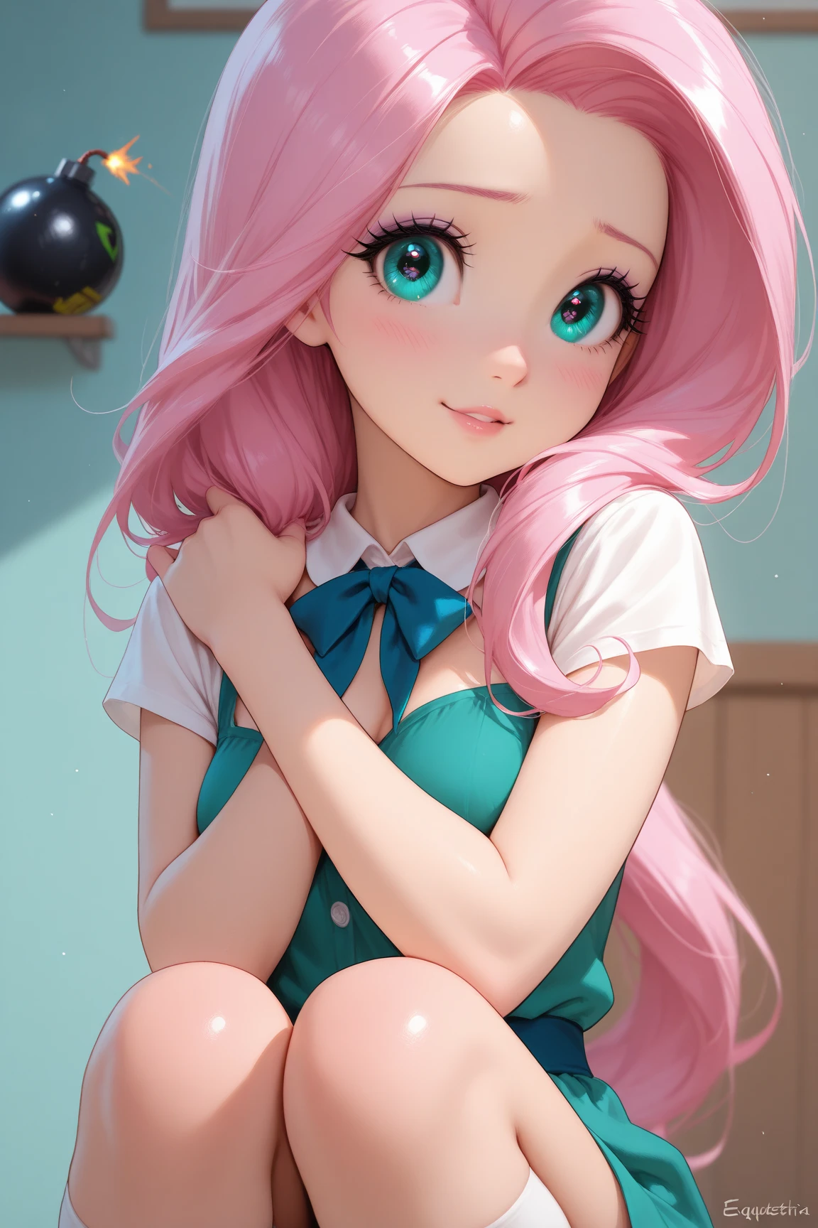 (masterpiece, best quality:1.2), cowboy shot, solo, 1girl, mlpfluttershy, slight smile, looking at viewer, hair flower, shy, sexy body, small breasts, panties, perfect face, (bright lighting:1.2),beautiful detailed eyes, extremely detailed face, perfect lighting, seductive pose, sexy body, blush, crop top, imminent fellatio, 1girl, looking at viewer, :o, penis, large penis, on stomach, 1boy