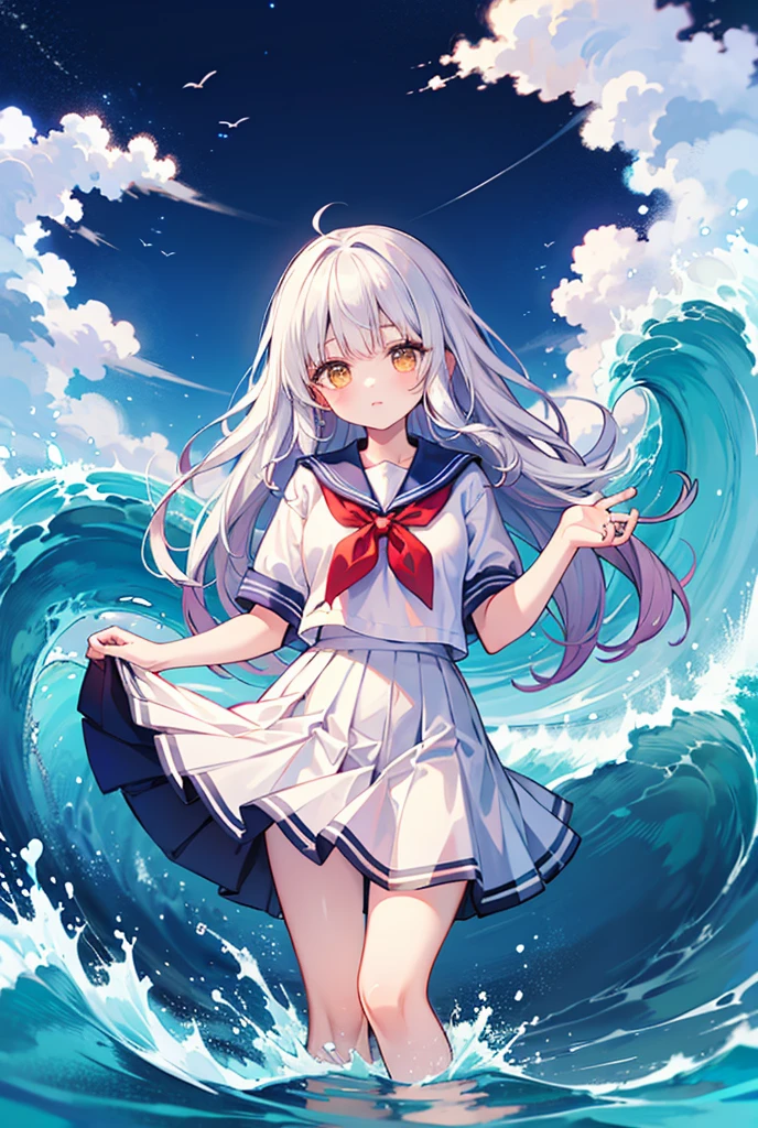 (:1.3),Shirase Fuku,a sailor suit, white theme,校服, a sailor suit, looking at viewert, frenzied, Long messy hair, 美丽细致的眼睛,hair glowing,dramatic angles,Blue sailor collar, Straight,light smile,partial underwater shot...