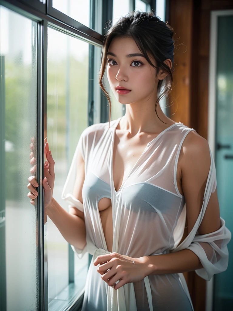 full body photo, beautiful woman from Indonesia, 20 years old, wearing a very thin white shirt, no pants or bra, breasts visible, body perfectly proportioned, standing near the window, face in the shade, facing the window, raining outside, bed background messy , coffee drinking pose, real reflection of woman in window, hyperrealistic, photorealistic, ultra HD, detailed textures, full body, 8K image.
