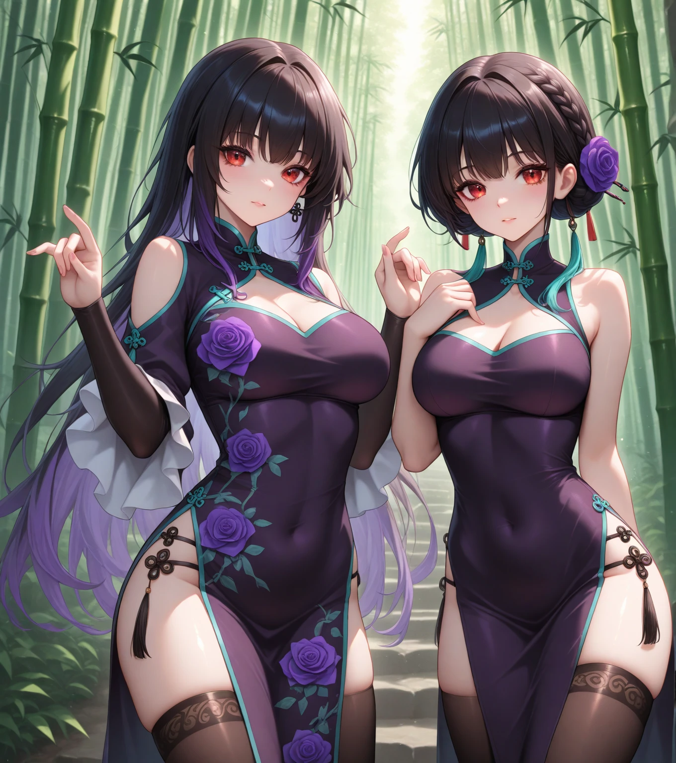 masterpiece, best quality, high quality, extremely detailed, very delicate and beautiful, (3female 18 years old Three:1.5), (long black hair up to waist with two-side up:1.5), bangs to eyebrows, eyes (long black hair up to the waist with two side up: 1.5), (bangs up to the eyebrows), eyes are sharp, strong and glossy, eyebrows are glossy, (eye color magenta: 1.3), 6.5 head tall, (witch fashion: 1.3), knee socks, lace, frills, (makeup: 1.3), (smiling), (standing), (raising her hands to invoke magic), (dynamic pose), (group shot 1.3), (summer flower garden:1.3), , (Milky Way Night Sky:1.3)
