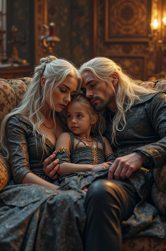 Jon snow holding a beautiful Targaryen baby girl with long Platinum blonde hair, they're both laughing.
