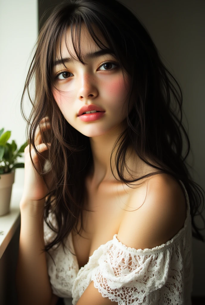 1 girl，European Illustration，（blush：0.5），Long hair，Delicate Smooth Pale Skin，Smile，hapiness，looking at the audience，clavicle，Off Shoulder，cleavage，lace，expressive eyes， Perfect Round Face ， perfect hair ，  18 years old，blue eyes，Majestic lips，lace，indoor，Sunset，Soft Ambient Light，masterpiece，Best Quality，High Quality，high resolution，natural light， Light Tracking ， Volumetric Light ，realistic，Authentic，Super，vivid，