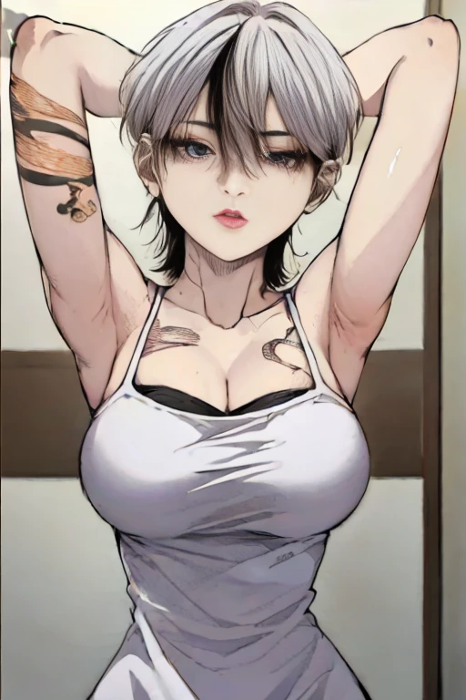 Beautiful breasts、Black Hair、Attractive breasts、Beautiful and attractive anime woman, Enchanting anime girl,Slippery、black eye、beautiful girl、、Quiet、Inconspicuous、White see-through tank top、Big Breasts、Stay in the house、Underwear is visible、Underwear is biting into、Small underwear、Shaved、Wet Skin、((腕にTattoo))、(For the whole body)Tattoo、Nipples are visible、large hoop earrings、(on the back of your hand)Tattoo、(On the legs)Tattoo、(On my back)Tattoo、(On the stomach)Tattoo、Provocative、(和彫の大きいTattoo)、For the whole bodyTattoo、(On the face)Tattoo、Short Bob、Provocative、肩にTattoo、((Tattoo))、brown、Looking up from below、Brat、Model shooting style