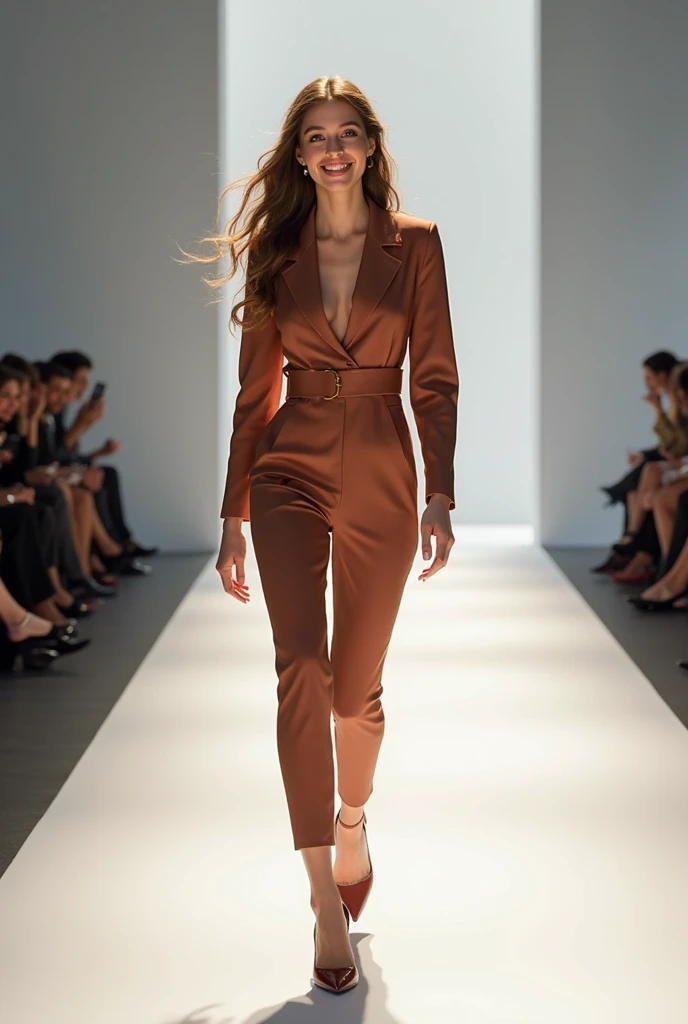 167 cm tall, dark skinned, medium length but slightly long and curly brown hair, slim physique like a model, Brown eyed, walking on the catwalk