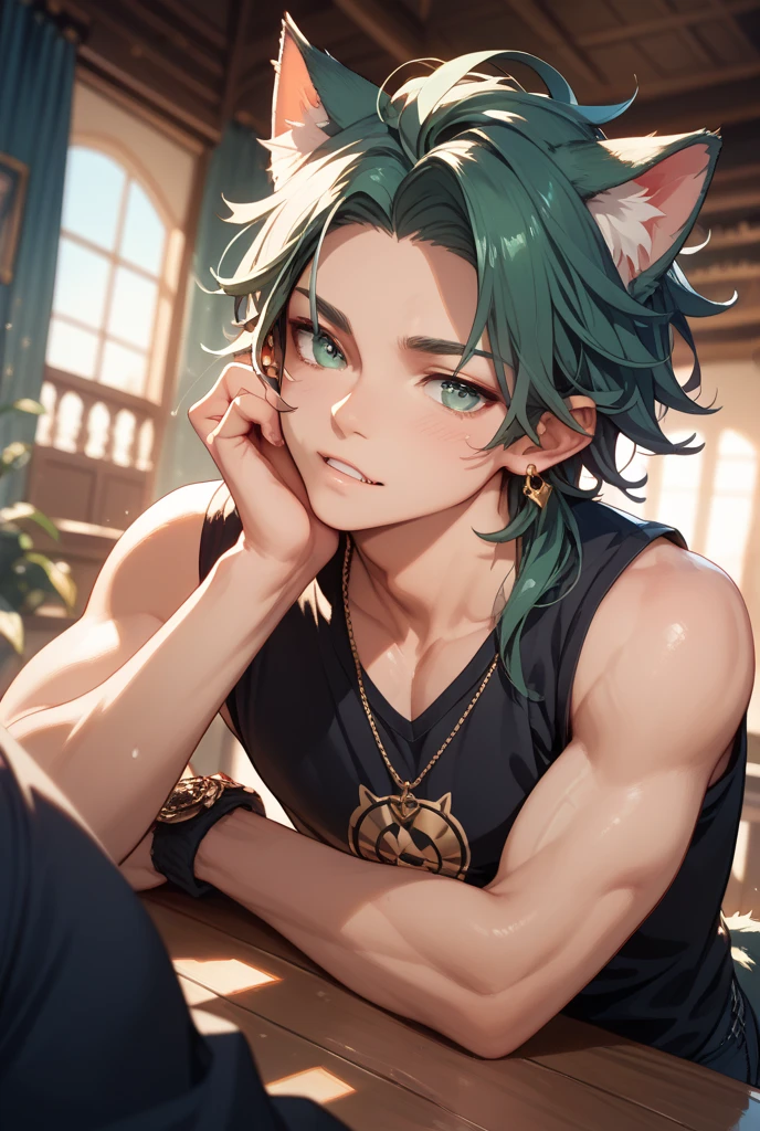 Ezreal_Heartsteel, solo, medium hair, looking at viewer, smile, shirt, 1boy, animal ears, hair between eyes, jewelry, black sleeveless, male focus, heart, one eye closed, green hair, necklace, sunglasses, <lora:Ezreal_Heartsteel-03:1>, yellow eyes, lying, bedroom, pink room, tied back, muscular