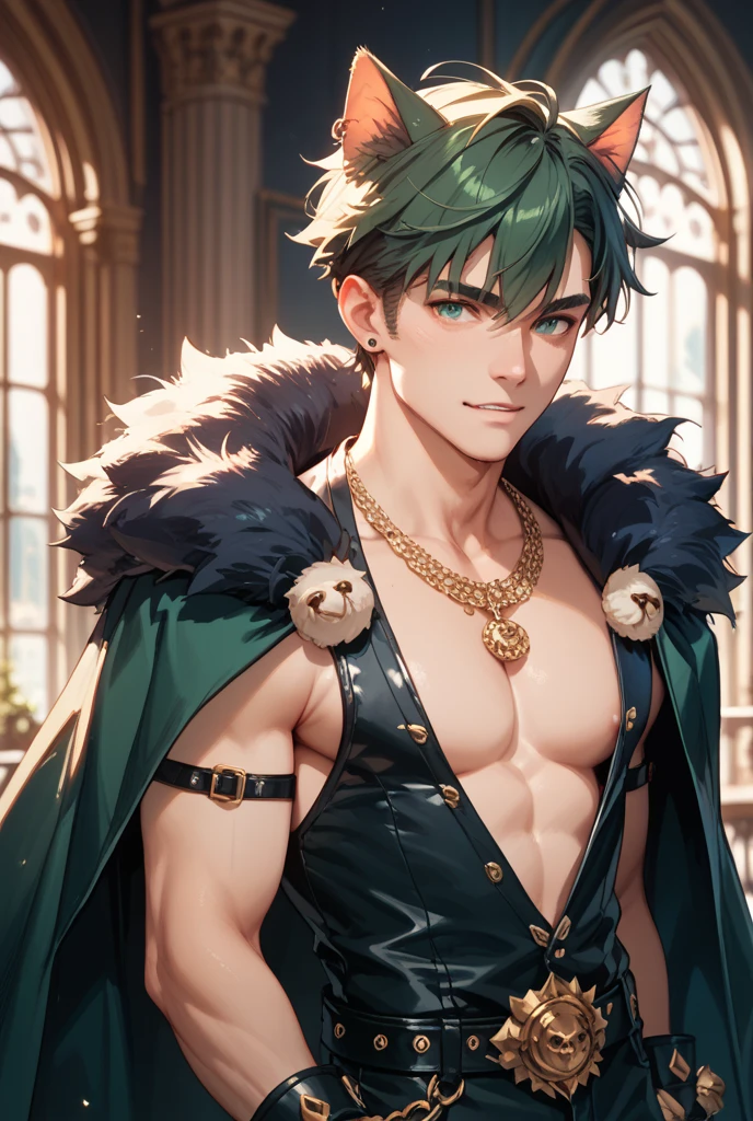 man, masculine, masculine face, attractive, muscular, ((1man)), masterpiece, absurdres, best quality ,intricate details , (shiny skin, shiny body, shiny oily luster skin, shiny hair, pale skintone), Sundown, attractive, ((muscular)), adult, one,medieval clothes, earrings, black pants, Don't look at the view , Not looking at the view, jade green hair, braided hair, perfect detailed face, perfect detailed hands, dragon horns, green eyes, ((MLS)), smirk, medium large shoot