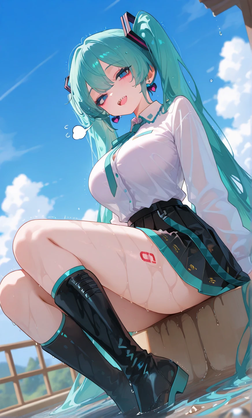 、's 、alone,nature,null, cloud,hatsune miku,hatsune miku,open your legs,striped panties,pussy,pussy,high socks,big ass,Rear view,leaning forward,Shooting low-angle subjects from below、butt crack、Shot from directly below the buttocks,Don'don't make eye contact,Don'please don't show your face,stick out your butt,please bend your knees,Mushy white love juice dripping with a large amount of love juice,Maid clothes,with ruffles,My underwear gets wet and becomes transparent,incontinence,urine leakage,Pissing,Pee,Pee
