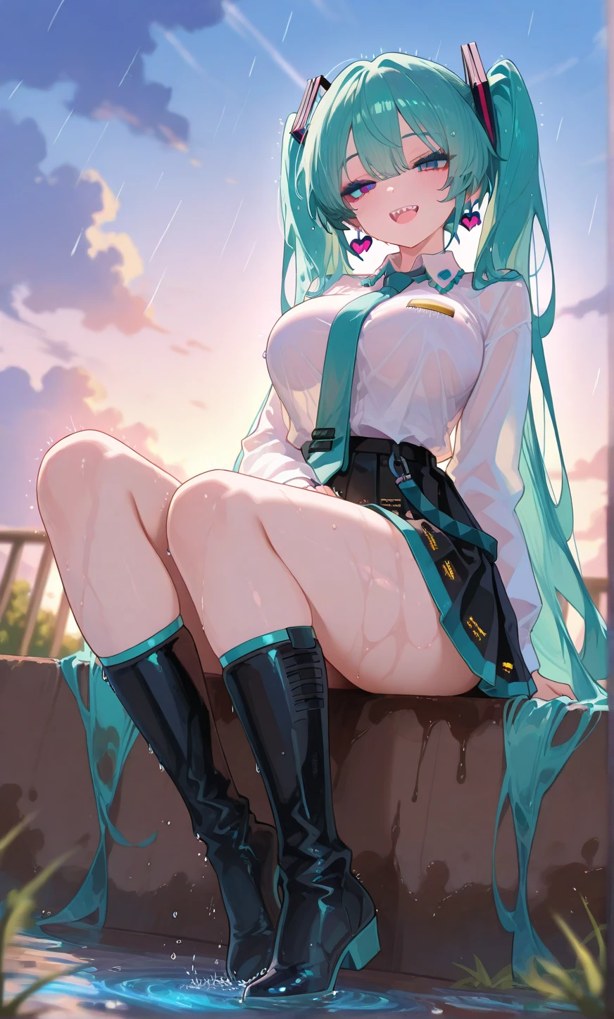masterpiece, best quality, very aesthetic, absurdres, newest,1girl,naked_shirt, pussy_hair, ,hatsune_miku, vocaloid, very_long_hair, twintails, number_tattoo,aqua_eyes, aqua_hair,,,by the railway