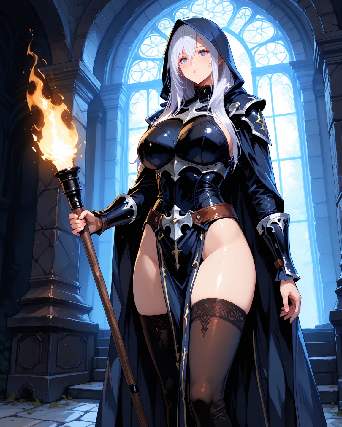 (masterpiece, best quality:1.2), 1girl, solo, tiara, silver hair, cleavage, (30 years old) , woman, long hair, beautiful, masterwork, ultra high res, ultra detailed, super fine illustration, cg unity 8k wallpaper, ultra detailed beautiful face, perfect hands, adult, (((black cape))), gleaming skin, oil skin, shiny skin, sweat, lips, crown braid, jewelry, necklace, long sleeves, ring, covered navel, lips, dress, belt, (((black corset))), full body, (((thighhighs))), knee boots, dare thighs, black clothes, (((drape skirt, black skirt, side slit))), white skirt, perfect proportion, perfect body, perfect anatomy, white sleeves, clothed, white breastplate, (((blindfold))), (((chain leash, animal collar, animal collar connected chain leash))), (((hand on the ground, on all fours))), sexual ecstasy smile, full face blush, fucked silly, smile broadly, (((open mouth, long tongue, stick out tongue, tongue out))), vulgarity, bangs, happy, 
