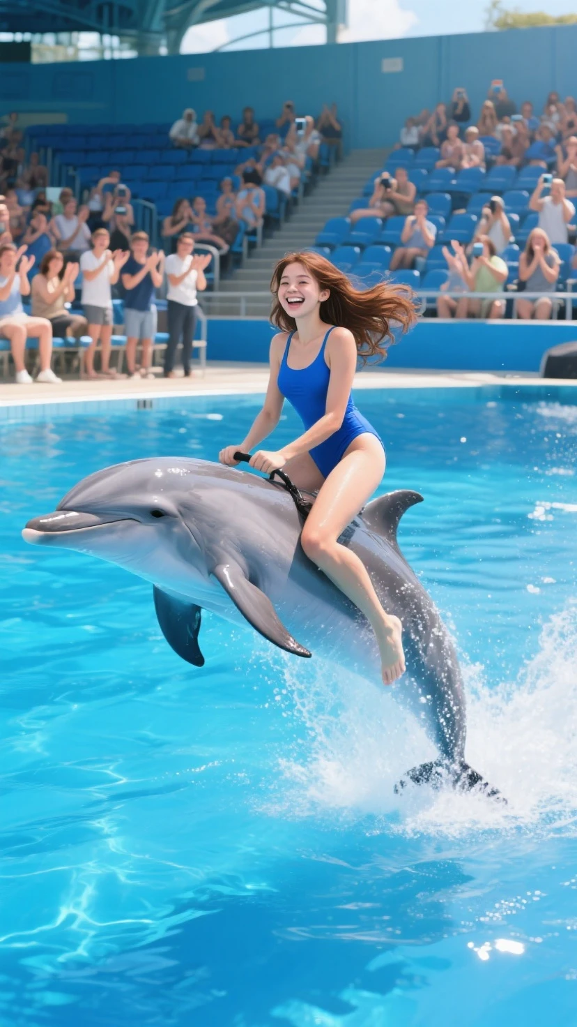 A dolphin is swimming in a pool with a girl on its back、There are spectators all around