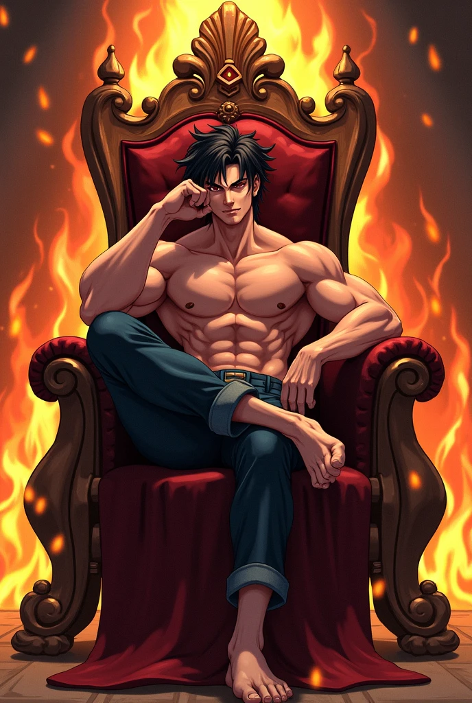 Masturbating on a fiery throne, the god of fire, a handsome man with black hair, exudes power with intense glowing red eyes and large pectorals. Jerking off, cumming, bathed in dramatic cinematic lighting, creating an atmosphere of divine authority. Large pectorals, open legs, large penis, big dick. Attractive male, sexy masculine, handsome male, ahegao