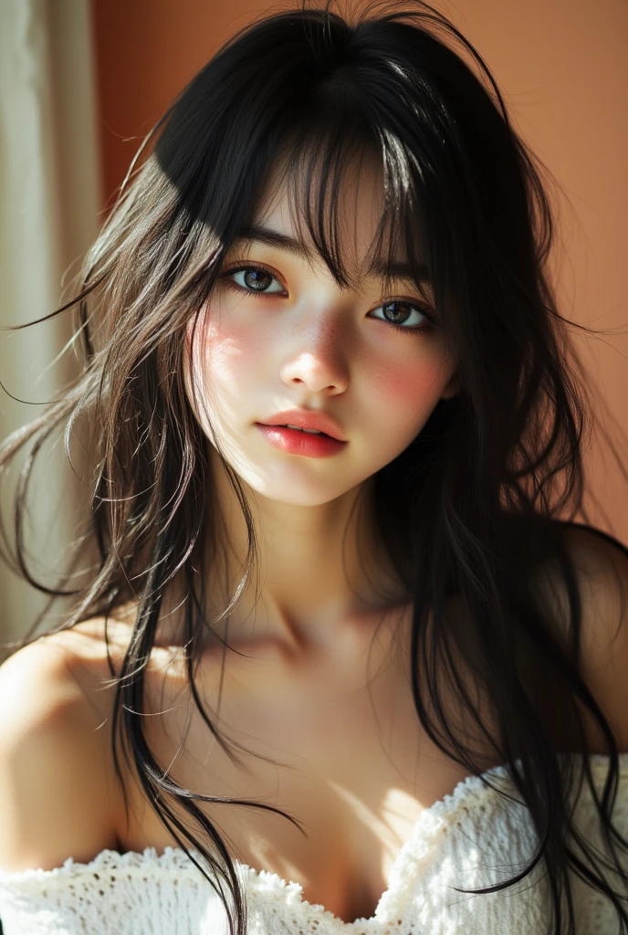 1 girl，European Illustration，（blush：0.5），Long hair，Delicate Smooth Pale Skin，Smile，hapiness，looking at the audience，clavicle，Off Shoulder，cleavage，lace，expressive eyes， Perfect Round Face ， perfect hair ，  18 years old，blue eyes，Majestic lips，lace，indoor，Sunset，Soft Ambient Light，masterpiece，Best Quality，High Quality，high resolution，natural light， Light Tracking ， Volumetric Light ，realistic，Authentic，Super，vivid，