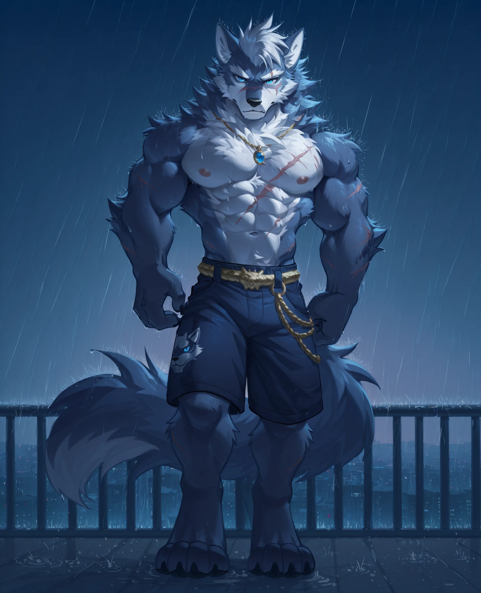 sfw,masterpiece,UHD,solo,anthro,furry,furry male, Wolf, ((fluffy fur,fluffy,furry body)), (dark gray fur, ancient Wolf print), (white body), White mohawk, white hair, blue eyes, short messy hair, tail, blue hair, sky blue eyes, detailed fluffy fur, shirtless, scars, chest scars, scarred chest, surgical scars, stitches, detailed face, detailed eyes, dark blue shorts, blue trimming, black shorts, crest, crystal, blue pendant, detailed clothes, torn, no shirt, decorative belt, gold straps, white muzzle, full body, muscular, (by null-ghost, by racoon21, masterpiece, high quality,hi-res,8k had), standing, close-view portrait, looking at viewer, outdoors, lights, sad expression, dark shadows, neon city, pose, rain, rooftop, over city
,cg,highres,sfw