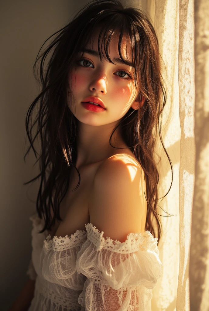 1 girl，European Illustration，（blush：0.5），Long hair，Delicate Smooth Pale Skin，Smile，hapiness，looking at the audience，clavicle，Off Shoulder，cleavage，lace，expressive eyes， Perfect Round Face ， perfect hair ，  18 years old，blue eyes，Majestic lips，lace，indoor，Sunset，Soft Ambient Light，masterpiece，Best Quality，High Quality，high resolution，natural light， Light Tracking ， Volumetric Light ，realistic，Authentic，Super，vivid，