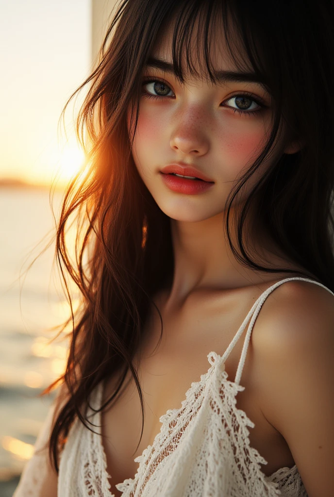 1 girl，European Illustration，（blush：0.5），Long hair，Delicate Smooth Pale Skin，Smile，hapiness，looking at the audience，clavicle，Off Shoulder，cleavage，lace，expressive eyes， Perfect Round Face ， perfect hair ，  18 years old，blue eyes，Majestic lips，lace，indoor，Sunset，Soft Ambient Light，masterpiece，Best Quality，High Quality，high resolution，natural light， Light Tracking ， Volumetric Light ，realistic，Authentic，Super，vivid，