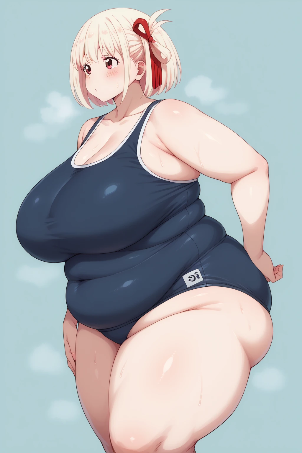 Score_9, score_8_up, score_7_up, source_anime, 1girl, solo, bbw, outdoors, pale, mature female, milf, pussy, dress, wearing one piece swimsuit, green eyes, blonde hair, left arm up