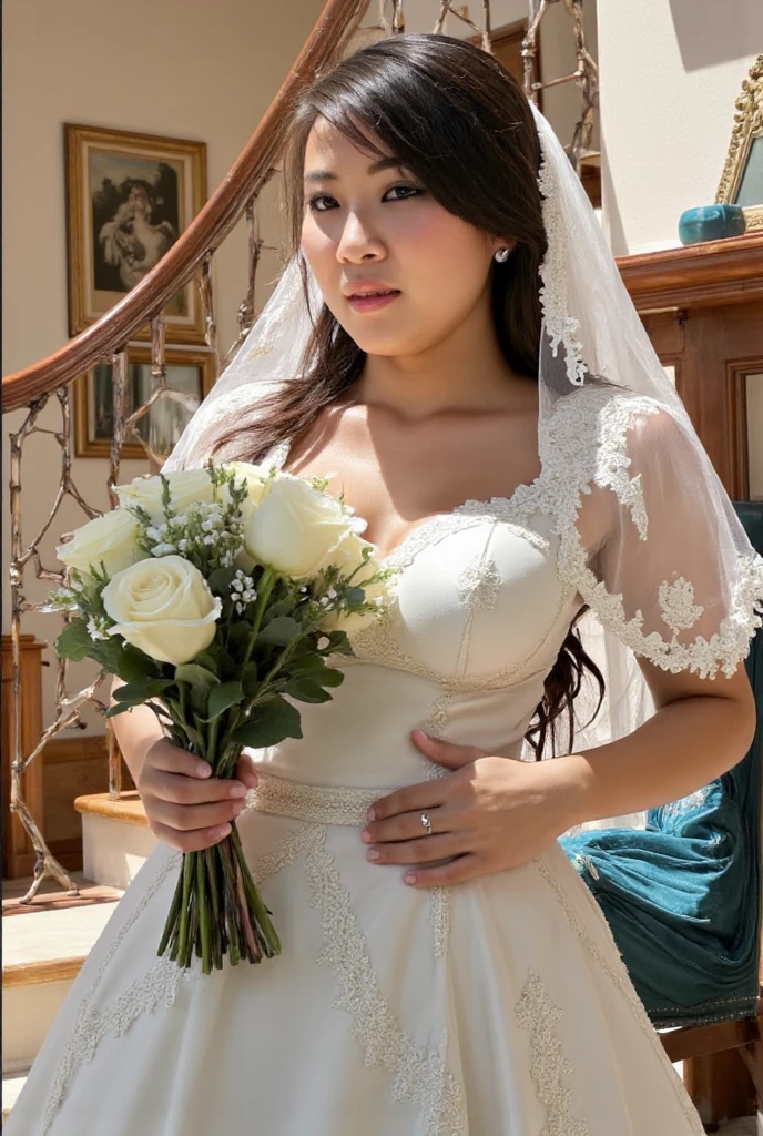 (((Pixel perfect, Perfect details))), alone, 1 girl, Close-up of beautiful bride wearing beautiful wedding dress,Gurwitz, (bridal veil:1.5),(transparent short veil:1.5),blush,eye shadow,Blushing face,Head flower,bouquet,(tube top wedding dress:1.5),(silk dress:1.2),(strapless wedding dress:1.5),pure white dress,necklace,earringedium breasts:1.3),Bangs,lipstick,(White long elbow gloves:1.4),full-body shot,High-detail RAW color art,White long skirt,There is only one railway track in the whole body, 18 years old, (long twintails:1.5),(double bun:1.5), black hair
