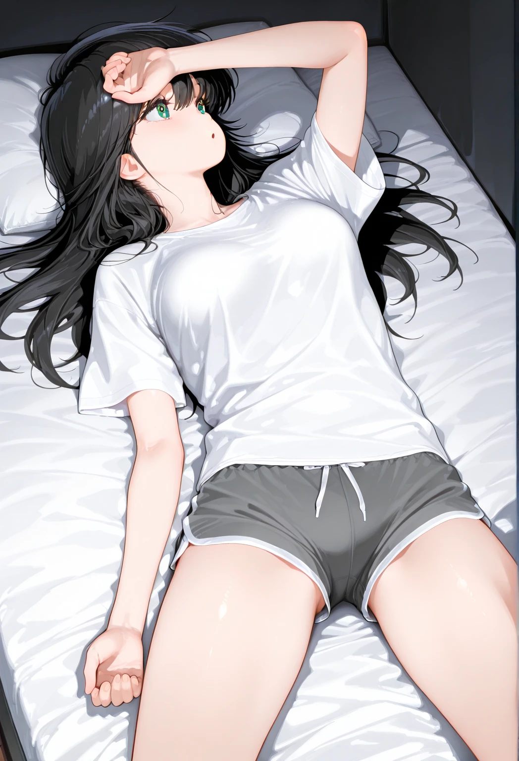 A tired girl is sleeping, black hair, wearing grey t-shirt and greyish blue short jeans, full view, sexy