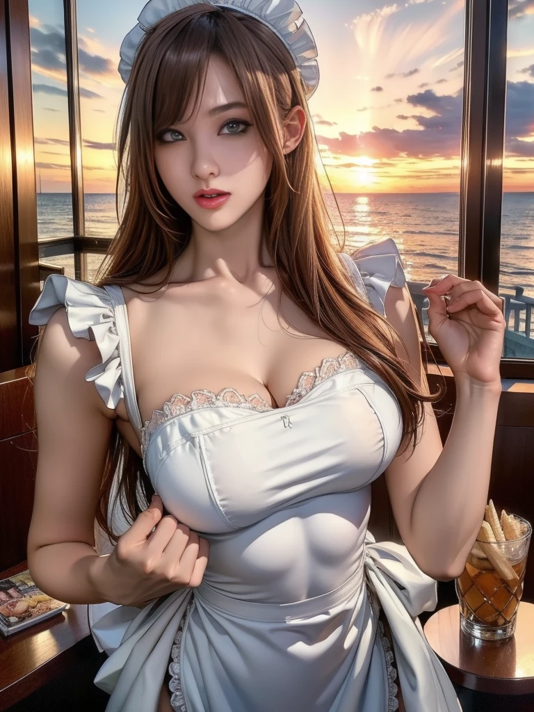 (8ก, 最high quality: 1.2), Very detailed, Complete solution, (Realistic, Realistic photo: 1.37), Portraiture, High resolution RAW color photograph, Professionally arrested, High resolution and beautiful, High resolution, 8ก Image Wallpaper, Amazing details, Large file size, Very detailedな美しい女の子, Very detailed face, (Super beautiful, well-defined eyes:1.8), The nose is precisely shaped., expressive lips,(sunset,Big House, Seaside restaurant background:1.2) , One Story, pretty girl, Realistic、 (Movie Scenes,Fantasy art,最high quality,high quality,High resolution,high qualityの質感,Attention to detail,Beautiful details,Fine details,Very detailedなCG,Detailed Texture,Realistic representation of face,Tabletop,before,dynamic,bold),1 Girl,Very detailedな肌,curve,(Covered nipples:0.8),Beautiful breasts,Big Breasts,Pale skin,Pointed Chest,Erect nipples,(Very fine hairs),(Super soft hair),(Super Straight Hair),Long, slicked bangs,Very light coppery amber hair,Hair on one eye,Very lean body,Smart Abs,(Sexy maid outfit:1.5),(Open your mouth:1.3),