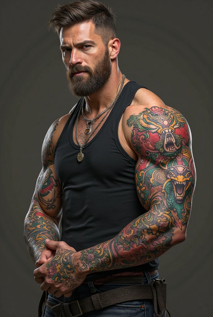 bald, slightly bearded, on his right arm is a tattoo of a cobra Andrew Tate beating up a loser spider man