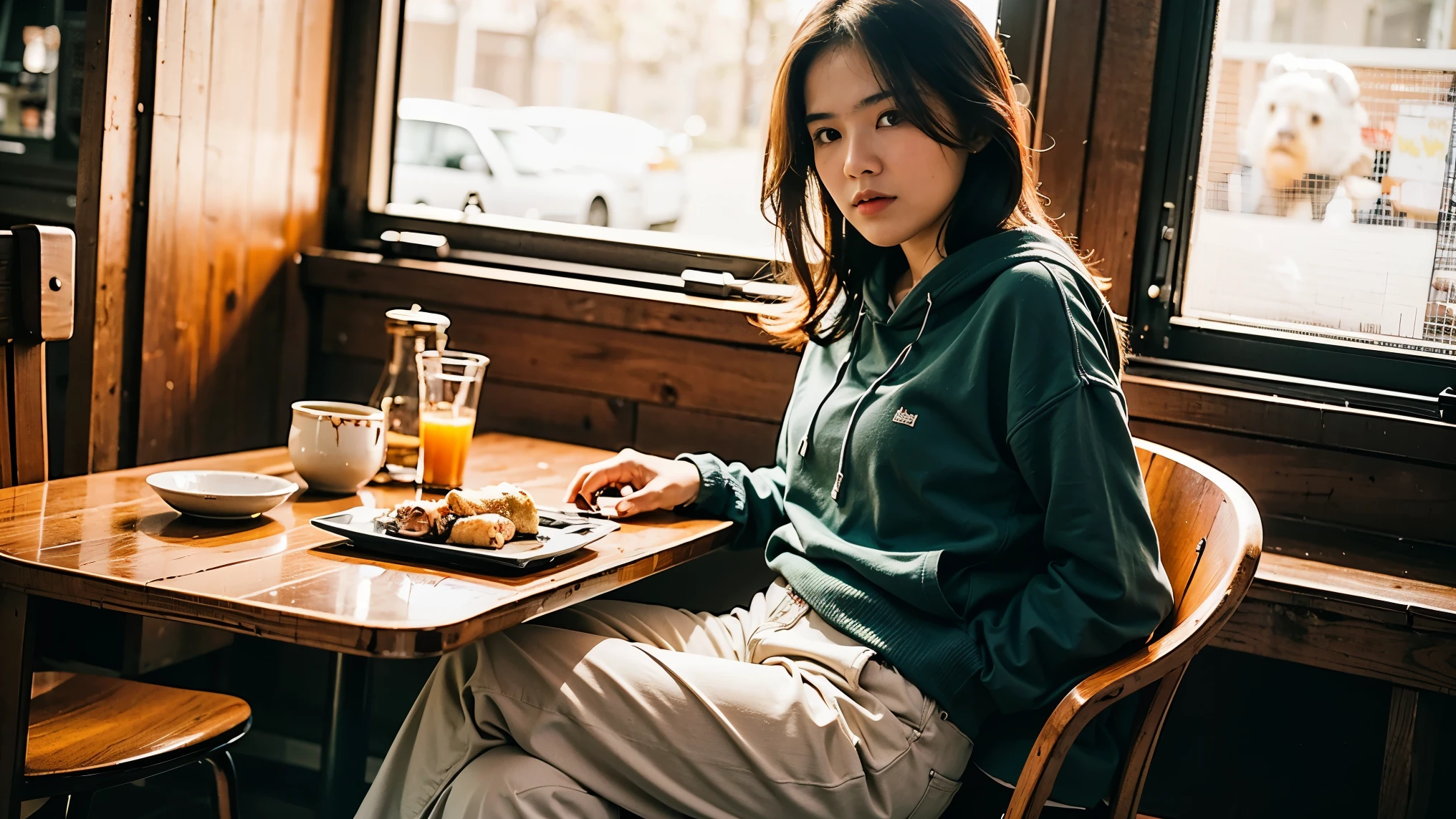 “A beautiful indonesian young woman, mid-20s, long straight hair dyed light brown down to her back. She wears a slightly oversized hoodie with a printed bear logo on the chest, casual but cute. Her pants are long and fitted, soft fabric, in neutral beige or khaki tone. She sits casually on a plastic chair at a small street food stall (angkringan), under warm ambient lighting at night. Her expression is soft and attentive, with a calm and relaxed demeanor. Hoodie is cozy with realistic fabric folds, the bear logo is cartoonish but subtle. Style is semi-realistic, with soft shadows, warm color palette (amber, brown, muted green), cinematic framing.