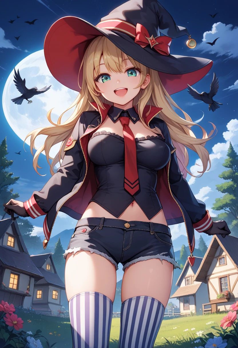 10th Generation,A beautiful woman,Beautiful breasts,Moe,Succubus,bat wings on the back,,Bat wings on the side of the head,Stars and Stripes front tie bikini top,Cowhide jacket,Denim tight skirt,Ten-gallon hat,Golden long hair,blue eyes