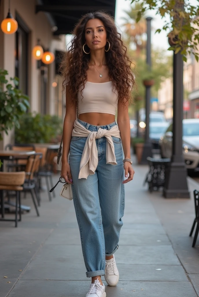 there a middle aged woman with thick rimmed bright red glasses smiling and looking at the camera, 35 years old, petite, diminutive, thin, tiny, skinny, oval shaped head, sharp chin, roxie vizcarra-tessgarman-emily rajtkowski-jenny seville merged, entire body visible, wearing a loose bohemian style white tank top and jeans with designer belt and brown leather boots, spunky expressions, fun expressions, tan skin, long straight dark blonde hair, looks like she has a raspy voice, cool aunt, wearing handmade jewelry, aged face and skin