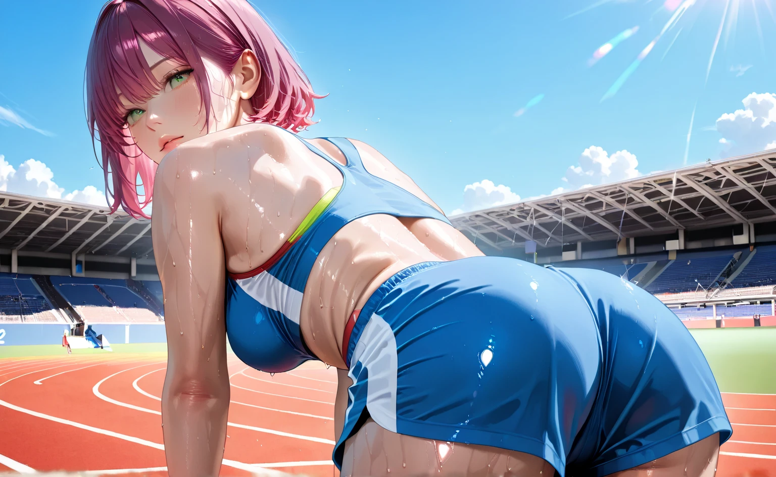 (((masterpiece))),(((High resolution)))、(((8K quality)))、(((Perfect Face)))、((Top quality eyes)), One Girl、24-years-old、Best Bust、Large Breasts、Beautiful Eyes、hot pink hair, ((Very Short Hair))、blue eyes, Paris Olympics、track-and-field arena、track and field athlete, Track and field uniform, wet body, Expressionless、blush、Sweat、looking at viewer, from behind, looking back, sexy pose, bewitching pose, arched back, I'm stretching、bottom up, stick out butt,