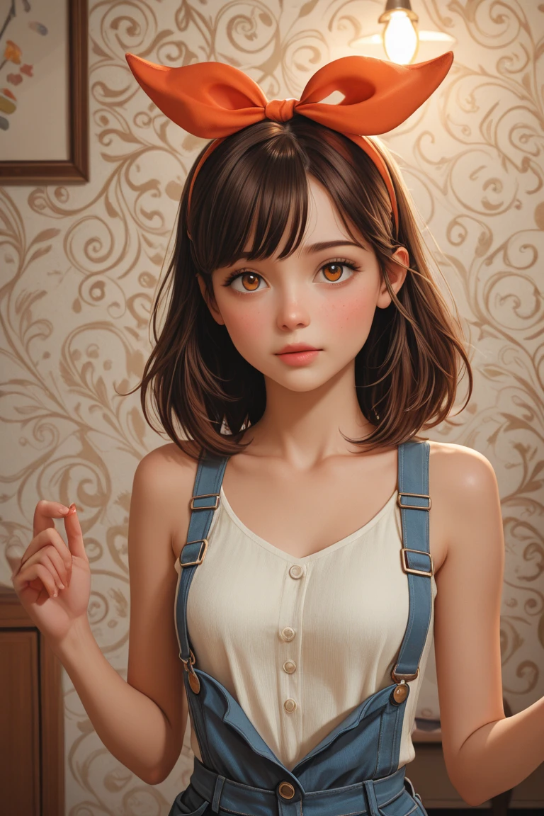 A young, light-skinned anime girl, positioned slightly off-center left, is the main subject. She is of a slim build, and has long, dark brown hair. Her expression is relaxed, with a slight blush on her cheeks. Her eyes are large and a warm amber color. She is wearing a light gray, sleeveless top with a tied bow at the center. Part of another person's clothing is visible in the background. The setting is a stylized, brightly lit, and somewhat soft-toned scene that suggests a casual or relaxed atmosphere. The colors are vibrant but not overly saturated. The style is characteristic of anime, with exaggerated features and a focus on character design. The overall composition is detailed and balanced. The girl's position within the frame is slightly off-center to the left and her body is angled towards the camera. The light source is likely coming from the front, illuminating the character in a balanced manner.