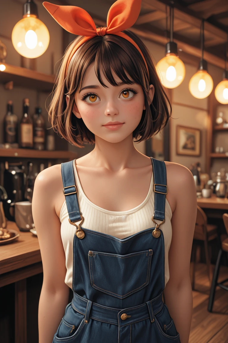 A young, light-skinned anime girl, positioned slightly off-center left, is the main subject. She is of a slim build, and has long, dark brown hair. Her expression is relaxed, with a slight blush on her cheeks. Her eyes are large and a warm amber color. She is wearing a light gray, sleeveless top with a tied bow at the center. Part of another person's clothing is visible in the background. The setting is a stylized, brightly lit, and somewhat soft-toned scene that suggests a casual or relaxed atmosphere. The colors are vibrant but not overly saturated. The style is characteristic of anime, with exaggerated features and a focus on character design. The overall composition is detailed and balanced. The girl's position within the frame is slightly off-center to the left and her body is angled towards the camera. The light source is likely coming from the front, illuminating the character in a balanced manner.