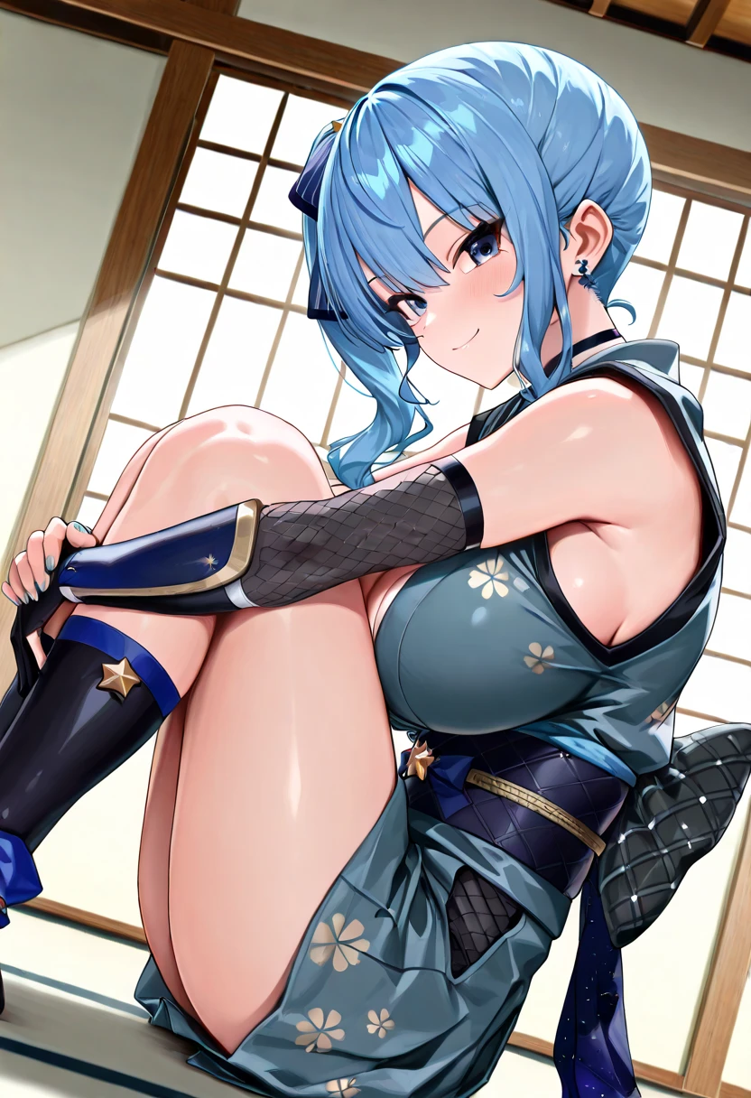 masterpiece, high resolution, best quality, rendered art, beautiful art, well formed fingers and hands, 1 woman, Sailor Mercury, blue makeup, elbow gloves, sailor collar, sailor senshi uniform, hair ornament ,adult, grown up, 31 years old, large and round breasted, cleavage, full body, wearing a Iroha Samurai Spirits cosplay, Iroha_Samurai_Spirits_cosplay, maid hat, choker, fingerless gloves, black tights, sexy and skimpy kimono, pelvic curtain, white maid uniform, dancing seductively and erotically, shaking her body alluringly, looking at the viewer, smiling joyfully and brightly, flirting, beach environment, sweating, bouncing breasts