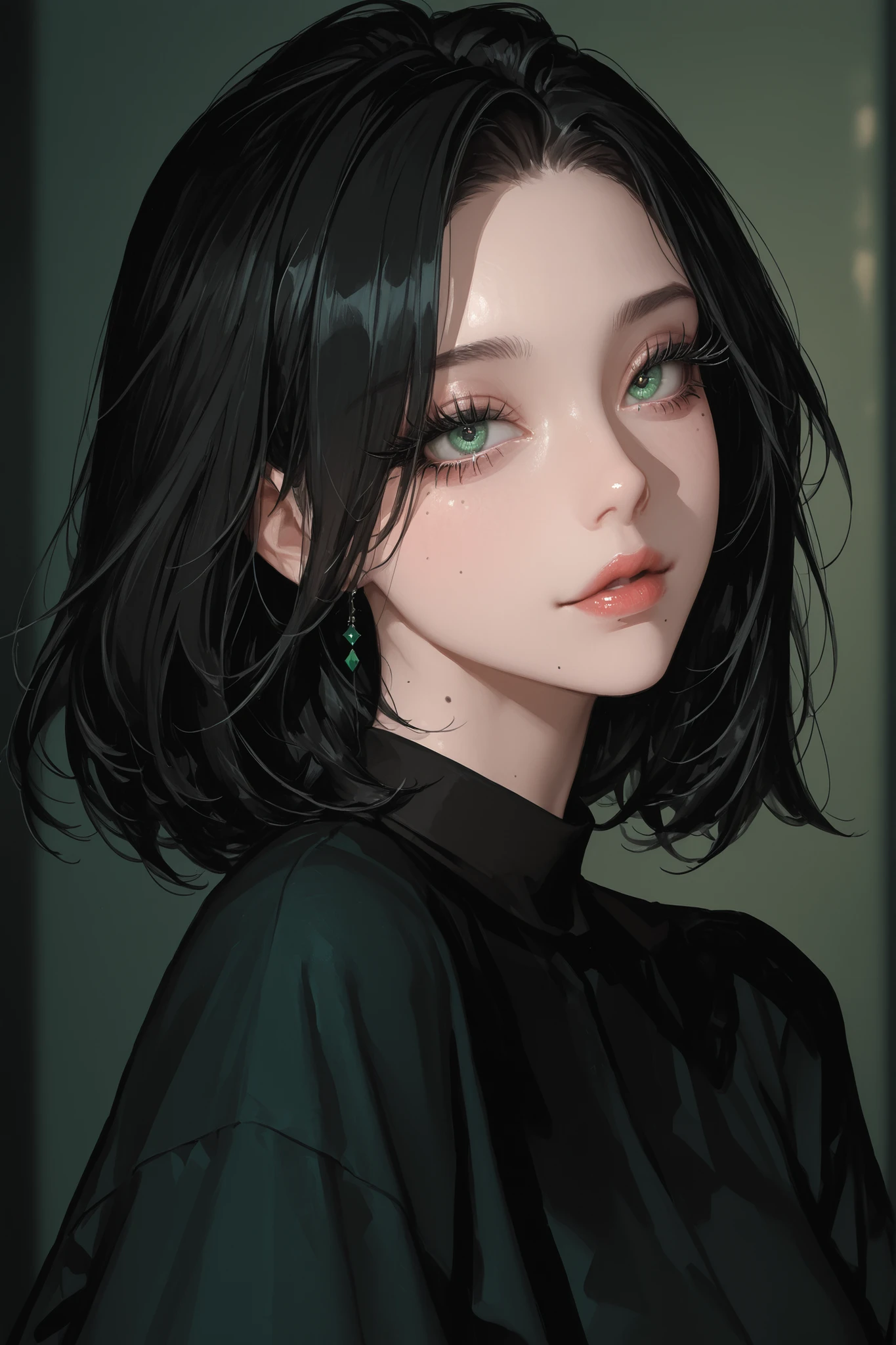 A beautiful woman with a charming and cute appearance, she has long, beautiful black hair, green eyes, and long eyelashes, and a mole beneath her eye.