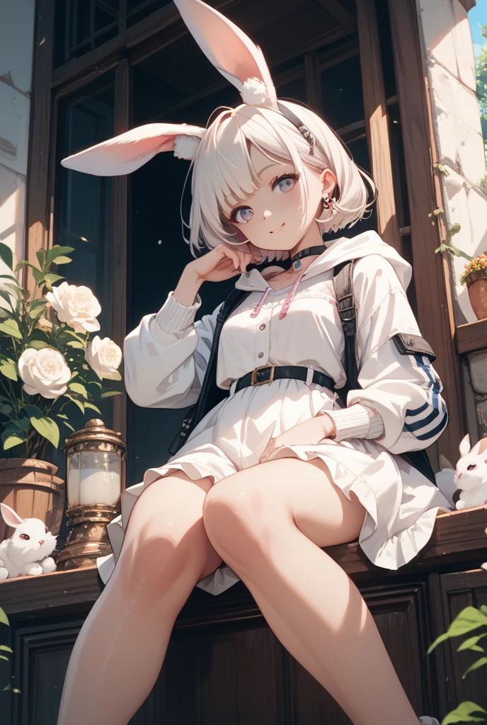 girl, wearing white one eyepatch, short white hair in two pigtails, with bunny ear accessories, Wearing a short white dress with a Beanie, red eyes, Holding a stuffed bunny, full body, zoom out