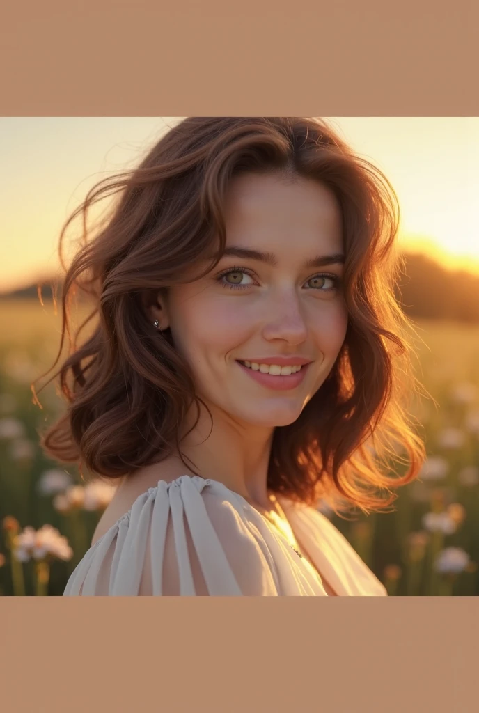 En cette soirée d'août, Arafed décide de se promener dans un champ de fleurs sauvages. Elle porte une combinaison en lin beige à fines bretelles, parfaite pour la douceur de l'été. Ses cheveux bruns sont légèrement ondulés, encadrant son visage sans maquillage, révélant ses yeux verts perçants. Le soleil commence à descendre, créant une lumière dorée qui illumine son teint et ajoute une touche magique à l’ensemble. Elle prend un selfie au milieu des fleurs, capturant son sourire naturel et son regard apaisé. L'arrière-plan est un paysage bucolique avec des champs qui s’étendent à perte de vue, créant un contraste magnifique avec sa tenue simple et élégante.