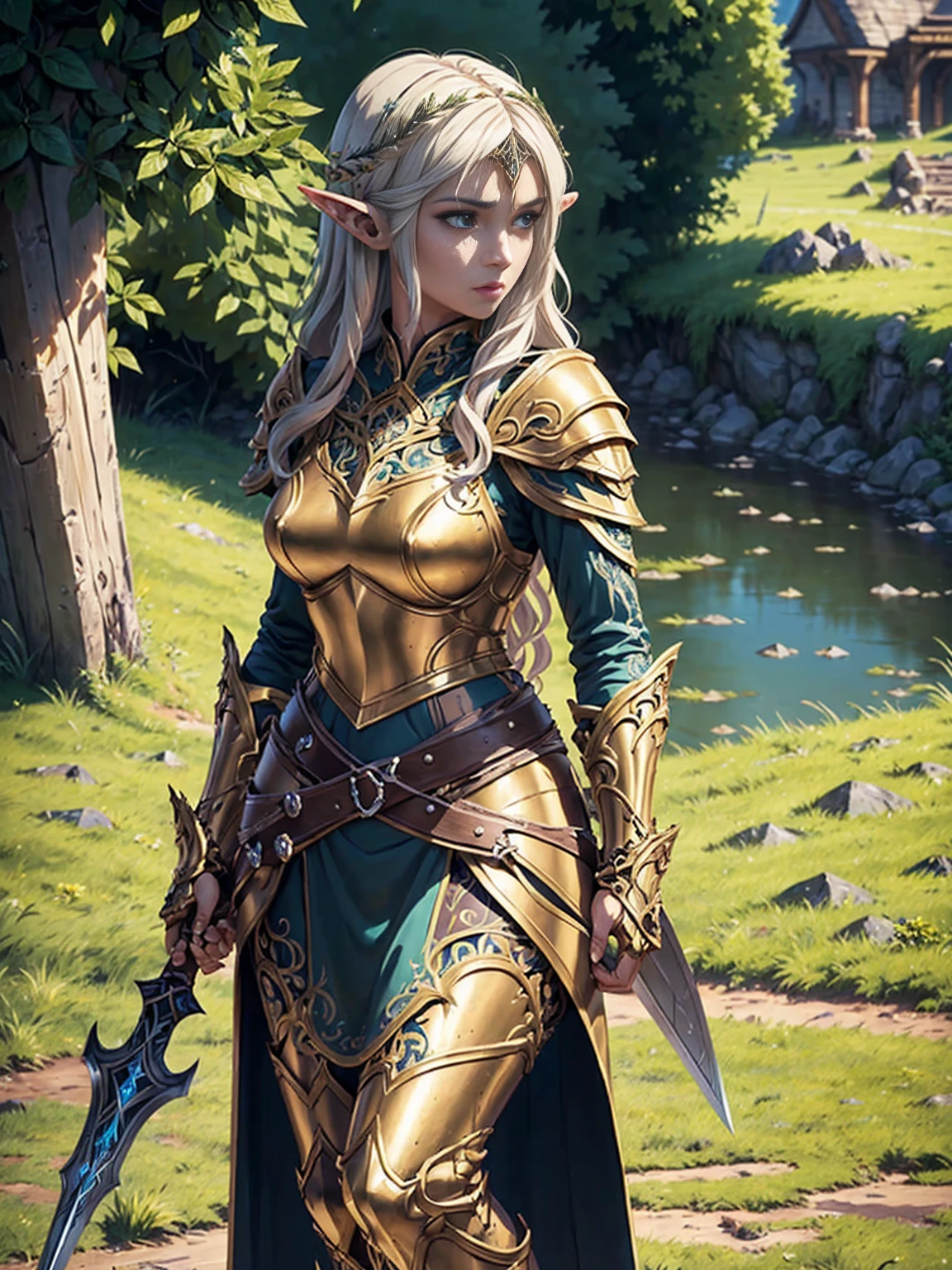 ((highest quality)),(ultra high resolution),(Super detailed),(detailed description),((best CG)),(best work of art),super precision art,amazing drawing art,(Fantasy art with precise details:1.5), (female elf:1.6),Finely detailed leather armor:1.7,elaborately crafted circlet:1.8, She stands by the riverside in the meadow where the wind is blowing, looking at you and smiling.。The soft sunlight surrounds her。