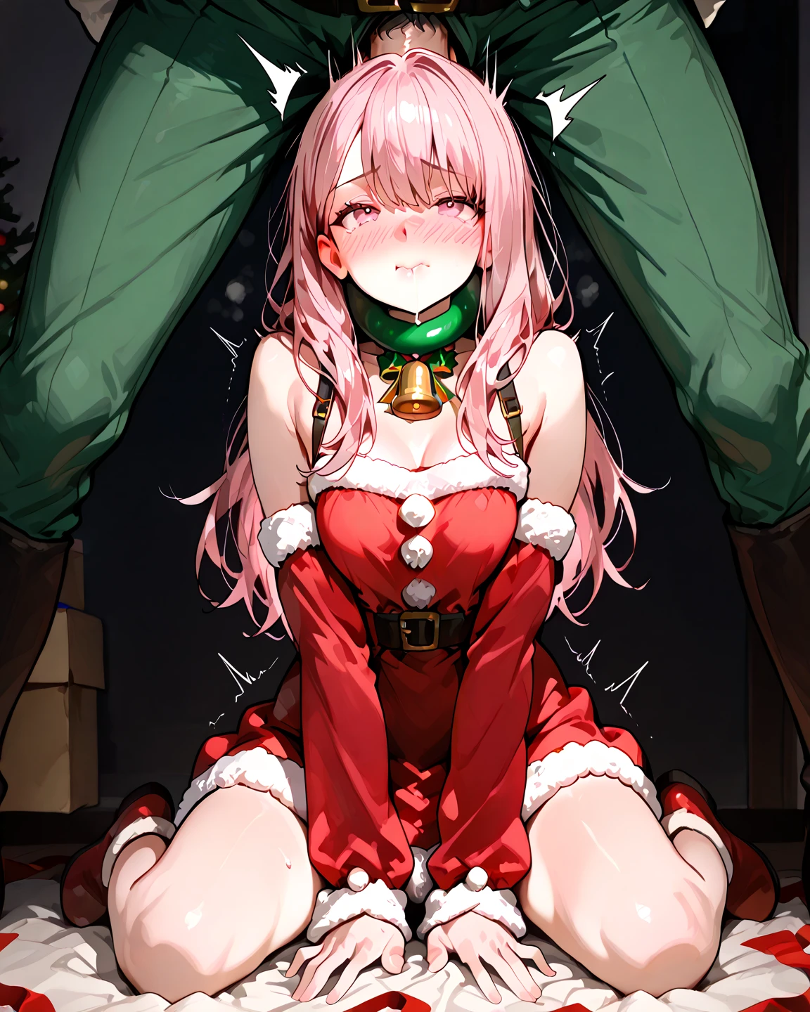 highest quality、All limbs、full finger、Slender beauty、straight hair woman、((Woman with pink hair))、medium hair woman、(Beautiful busty woman:1.3)、santa claus costume、(((red santa claus leotard:1.5)))、Red Santa Claus Hat、red santa claus cloak、((brown pantyhose))、 (((NSFW:1.3)))、Concrete wall room、bed、(((Surrounded by 5 naked men:1.5)))、A woman lying with her head on a pillow、The crotch of men and women is in close contact、(((A man inserts his penis into a woman's pussy:1.5)))、(((The woman is panting with her mouth open due to acme.:1.3)))、blush、(((The woman cries out as she climaxes.:1.5)))、(((A man makes a woman cum and cum in her pussy:1.5)))、a man ejaculates on a woman's body、(((The woman's body is covered in semen:1.5)))、A man is rubbing a woman's breasts、woman hugging a man、(((A man is applying an electric massager to a woman's crotch.)))