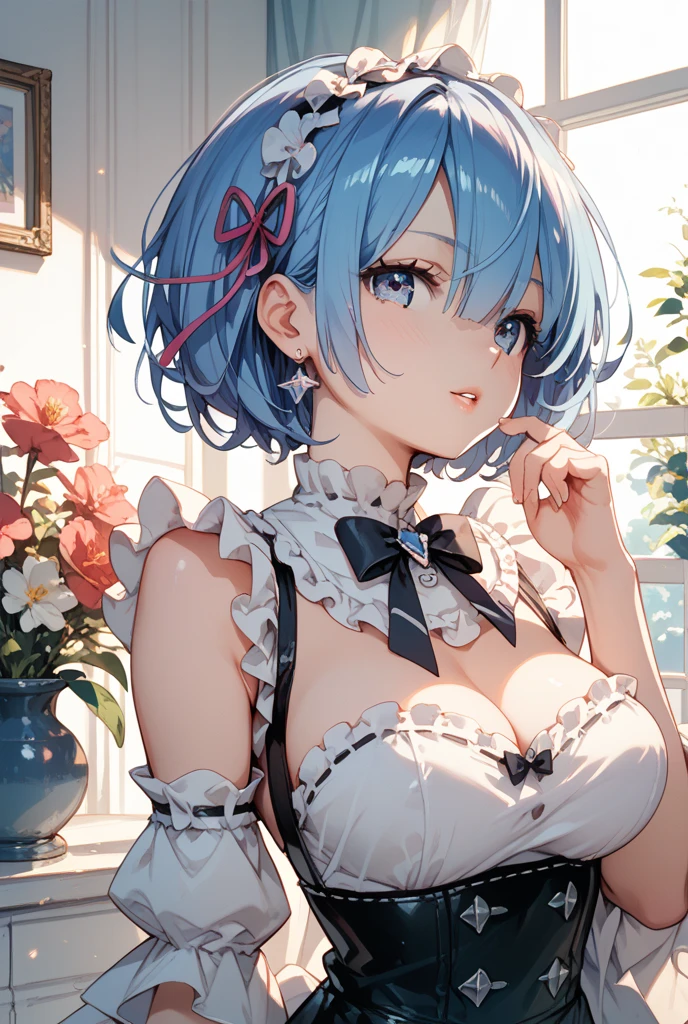 highquality illustration, masterpiece, very delicate and beautiful, 1 girl, bob hair, (full body:1.5), seductive smile, (huge breasts:1.5), cleavage, ((maid, maid clothes)), ((lingerie)), wet skin, choker, sky blue hair, sky blue eyes, (detailed eyes:1.5, shining eyes), beautiful eyes, (masterpiece, best quality:1.2)