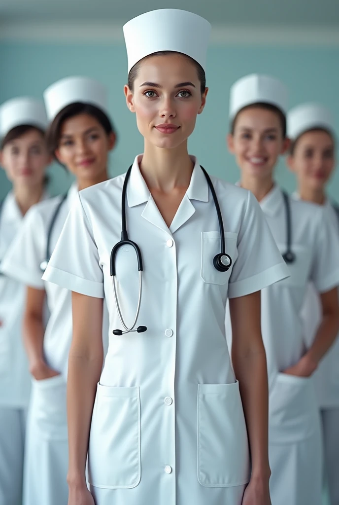 5 Real-Life Brunette Women, Brown eyes, Hair tied up. She is a doctor in the French army.. Her outfit gives us a glimpse of her beautiful décolletage.. She is wearing blue latex gloves while looking at the camera.