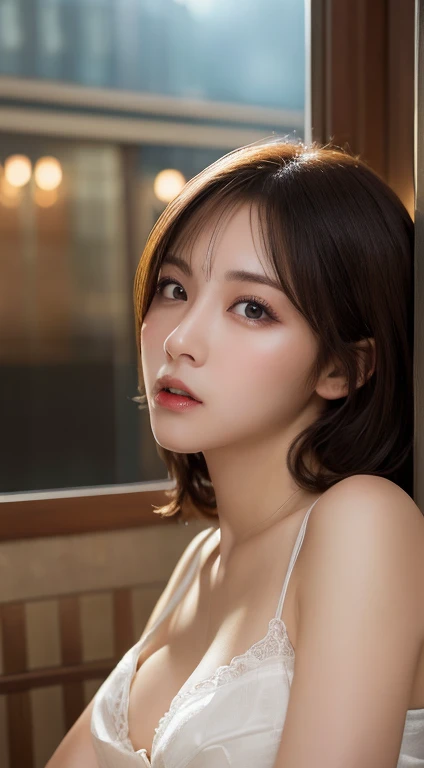 (24 year old lover), (Big Breasts:1.3),Showing small areola,On the bed, (Maximum resolution: 1.4), (super high quality: 1.2), Cinematic Light, super high quality,My cheeks are red.:1.2、 (Beautiful eyes and skin), (Detailed facial features), 8K resolution, Perfect Style, Beautiful expression、Highly detailed face and skin texture、Detailed eyes、double eyelid、Glitter Eyeliner:1.2、Shiny skin、pure White skin:1.8、White skin:1.8、Red lipstick、Dark lipstick:1.2、Shiny small earrings、Wet lips:1.2,Glossy Lips:1.2、(Straight Hairstyles、Light brown hair)、(Look forward:1.2),Long Hair、(Close your eyes and ask for a kiss:1.3),From above, ((One-length haircuts)),, Exposed cleavage, look up, Please lift your chin, Please open your mouth a little, Wait for a kiss, stick out your tongue a little, Look up