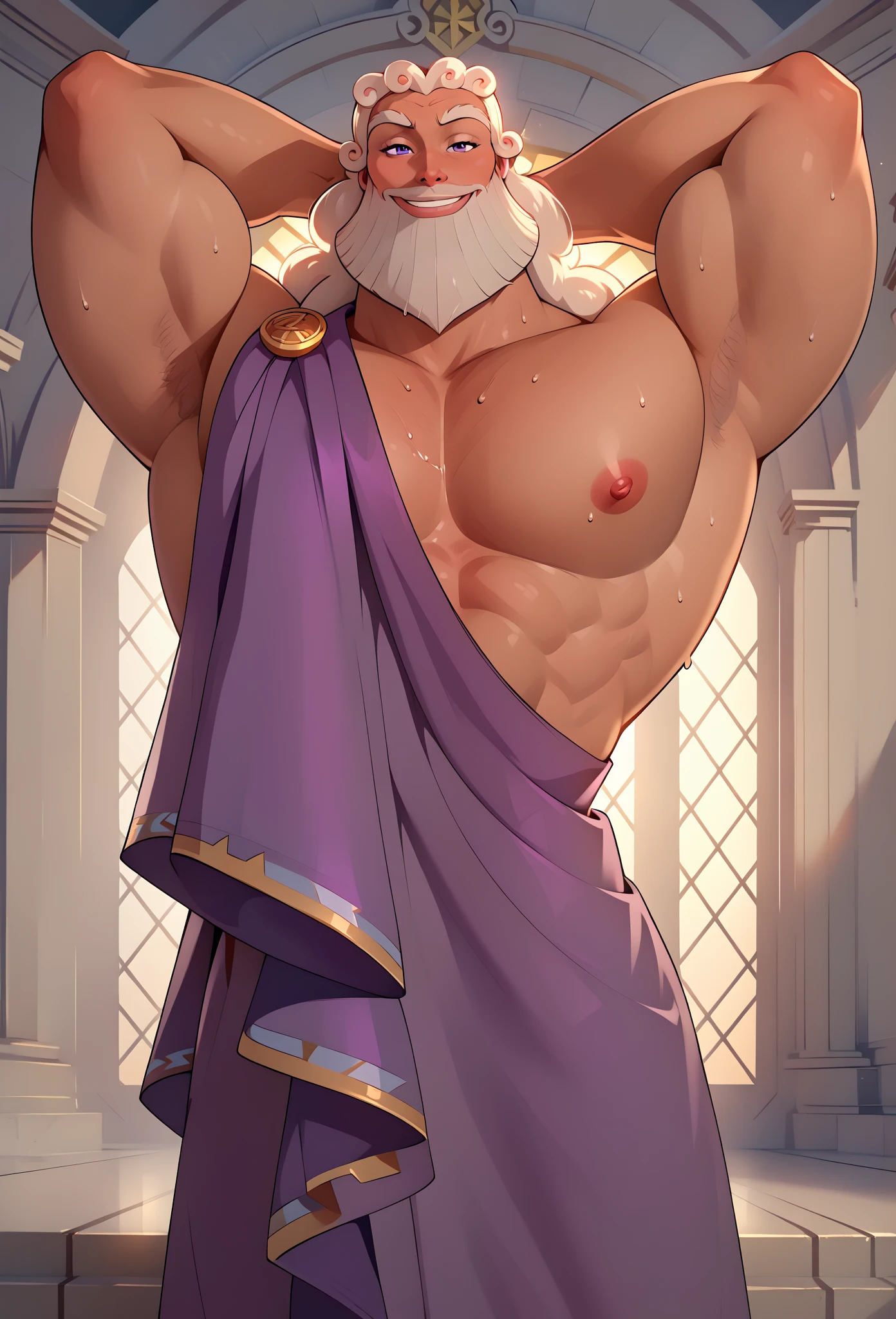 male, (mature daddy medival king), (naked), erecton upward, handsome, muscular, hairy, (blush), (posture with arms crossed), (suprised at erection), middle aged man, homoerotic, Standing, realistic, night, delicate eyes, hairy legs