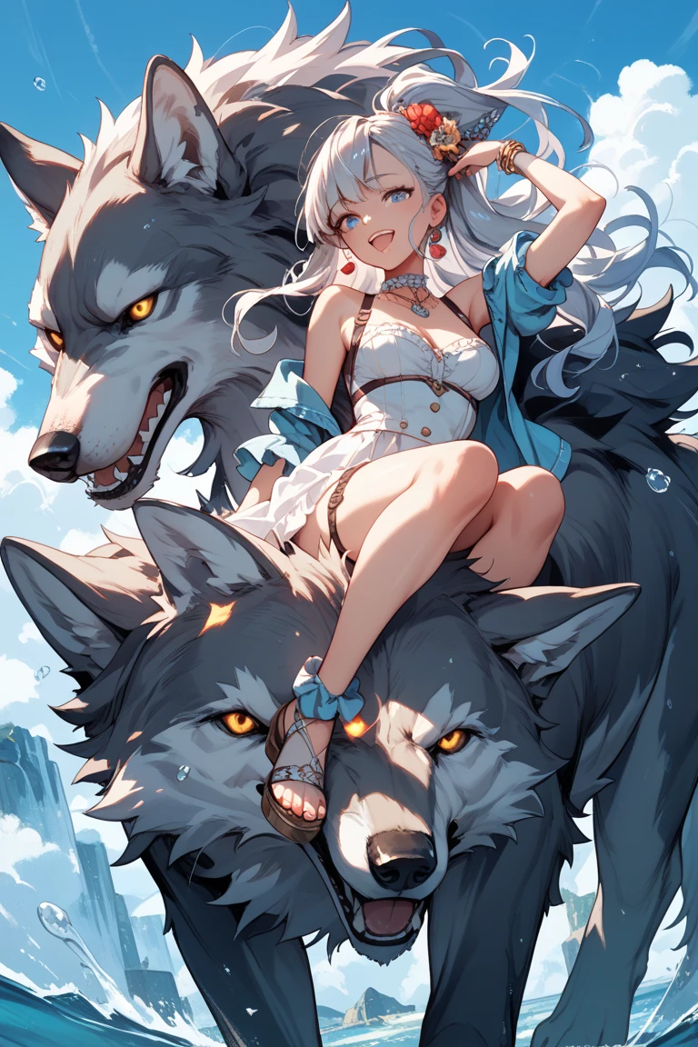 anime girl holds the wolf by the tongue, with a red shoe on her feet, angry high moral sexy werewolf, made with anime painter studio, angiewolf, painted in anime painter studio, lineless, cel - shaded art style, game art